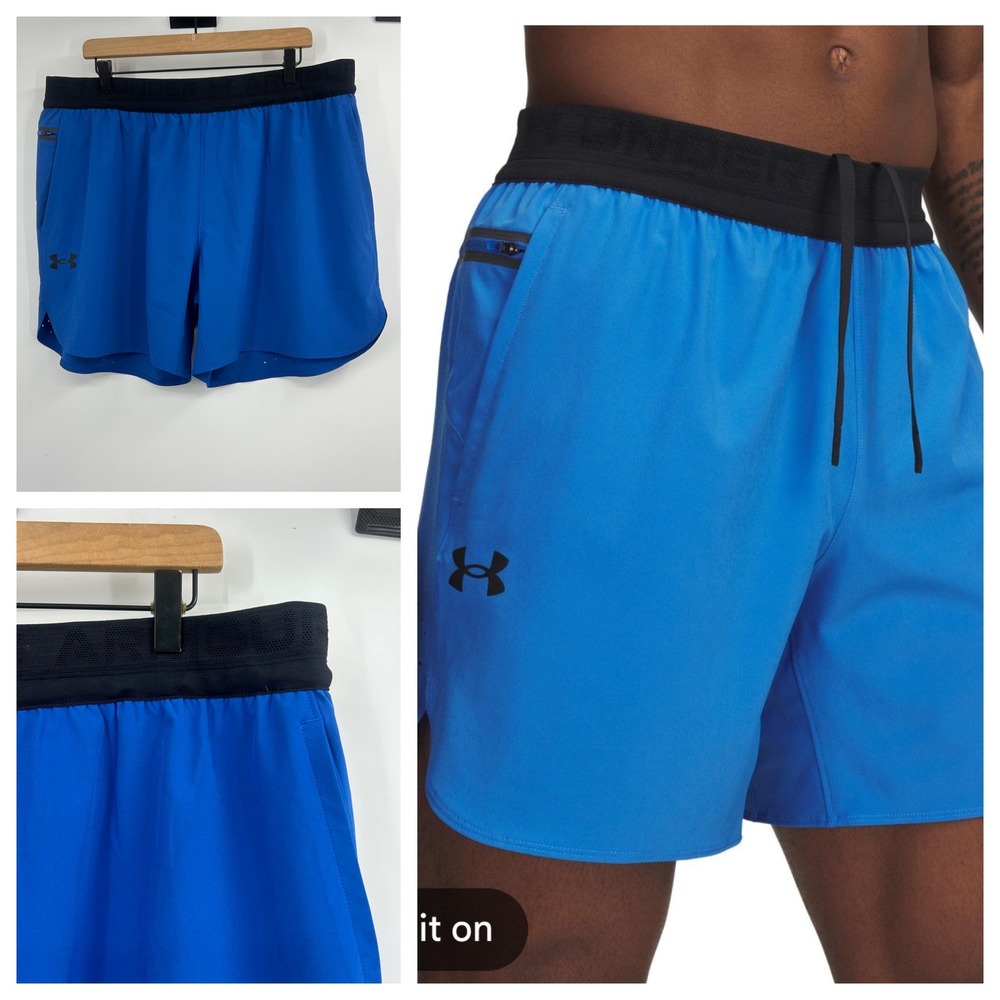 Under Armour Mens Peak Woven Shorts 2XL Blue Black 1376782 7 Inch Inseam NWT